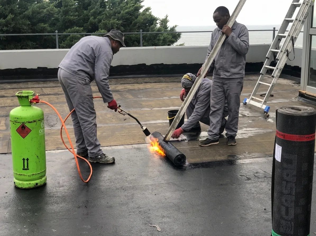 CBM team torching down a waterproofing membrane on a parking deck in Camps Bay