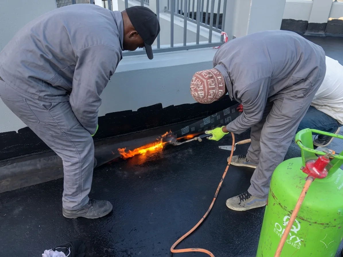 Close-up of torch-on membrane being bonded to the deck in Camps Bay
