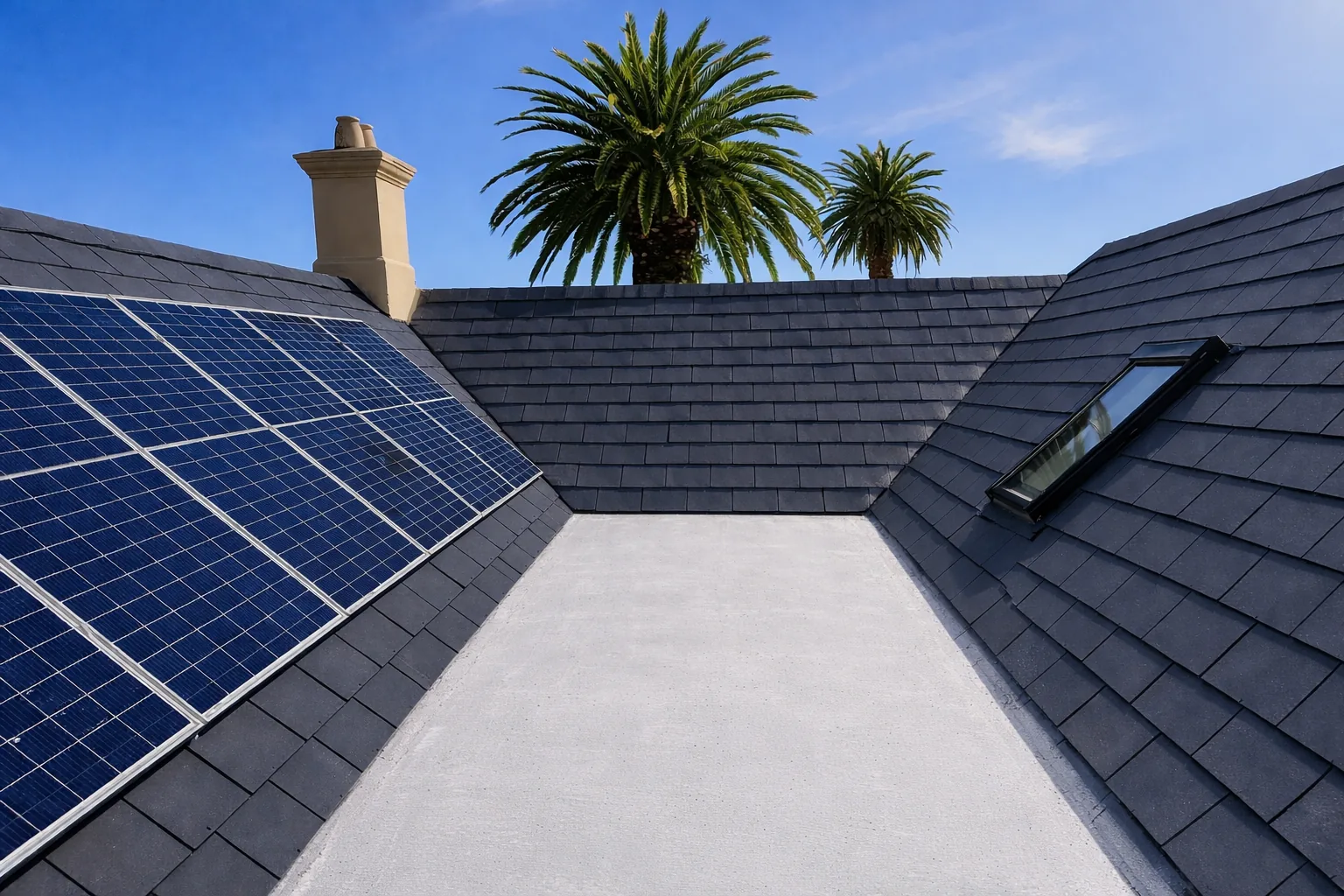 Waterproofed roof valley between slate sections with solar panels in Camps Bay
