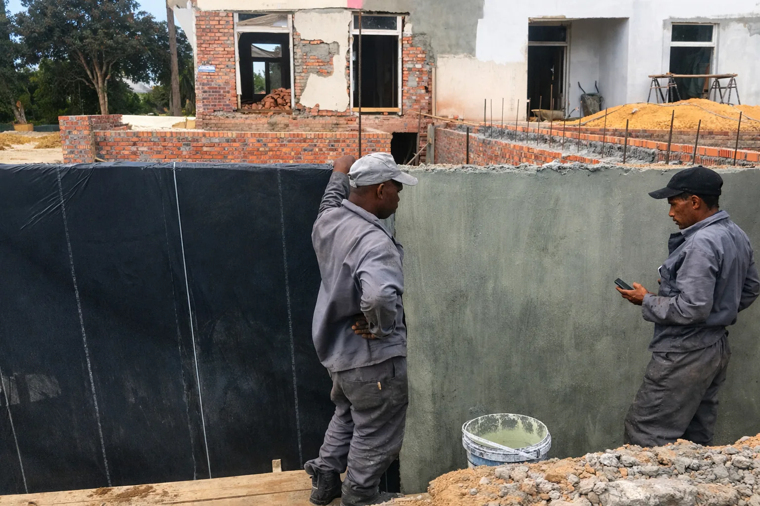 Tanking a retaining wall with a waterproof membrane on a Constantia build