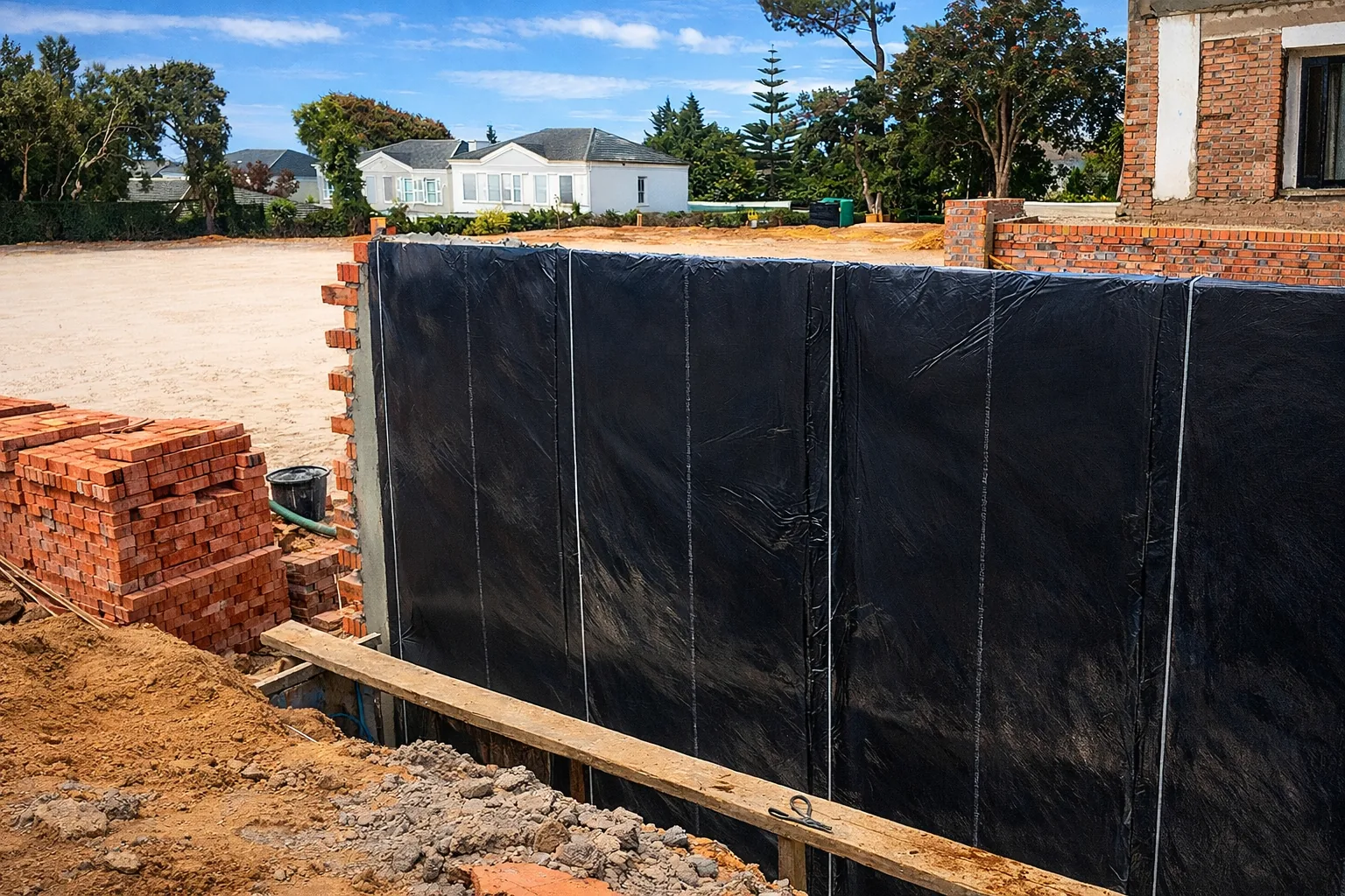 Waterproof membrane applied to a foundation wall in Constantia