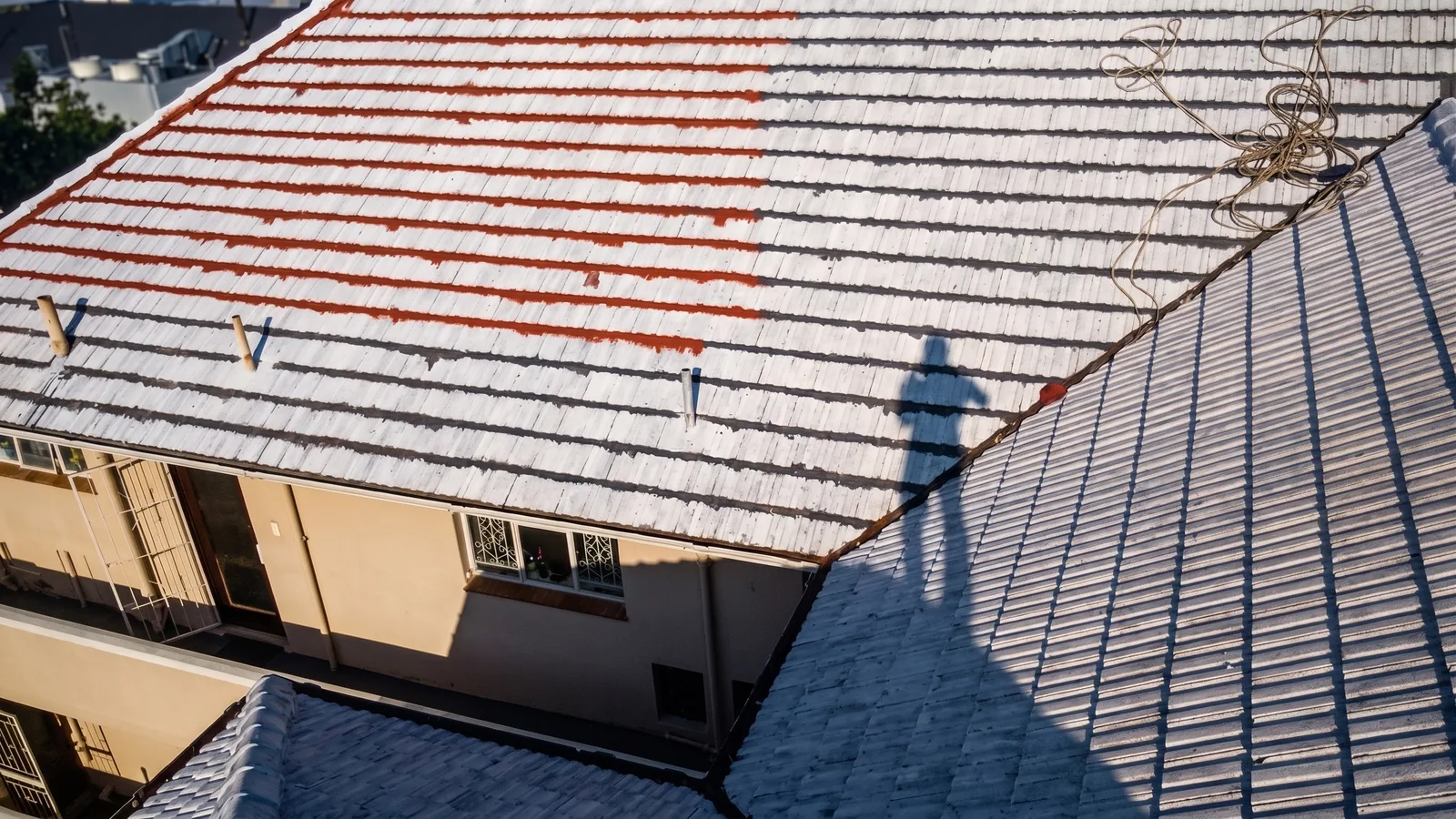 Roof tiles part-primed during waterproofing at Exmoor Court in Rondebosch