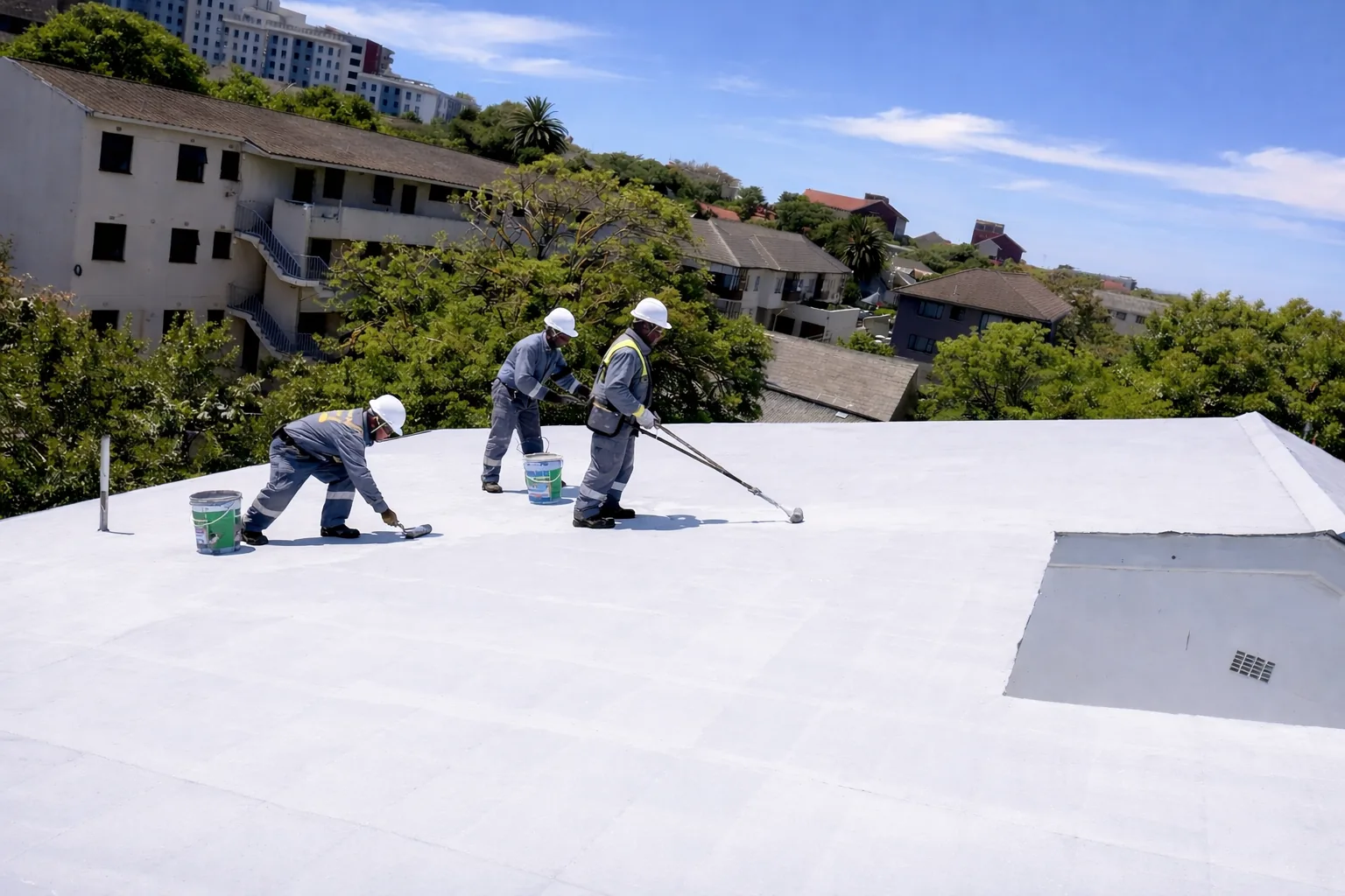 CBM team rolling on the acrylic waterproofing system at Seal Air in Rondebosch