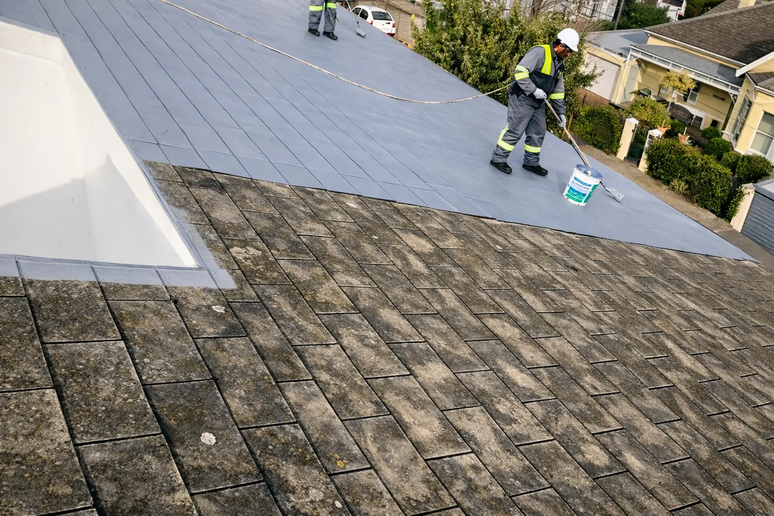 Applying the acrylic roof coating over old fibre-cement at Seal Air in Rondebosch