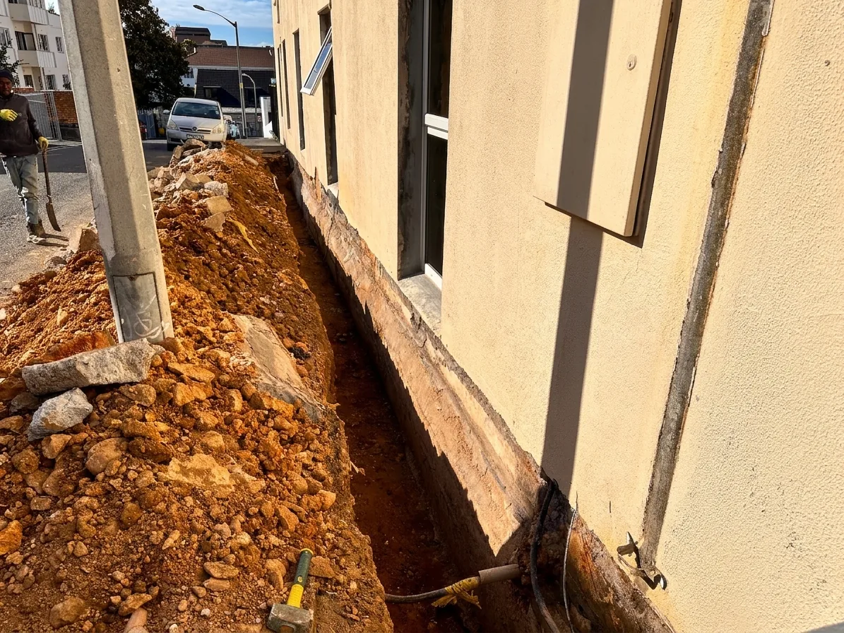 Excavated trench along the foundation wall for damp-proofing in Rosebank