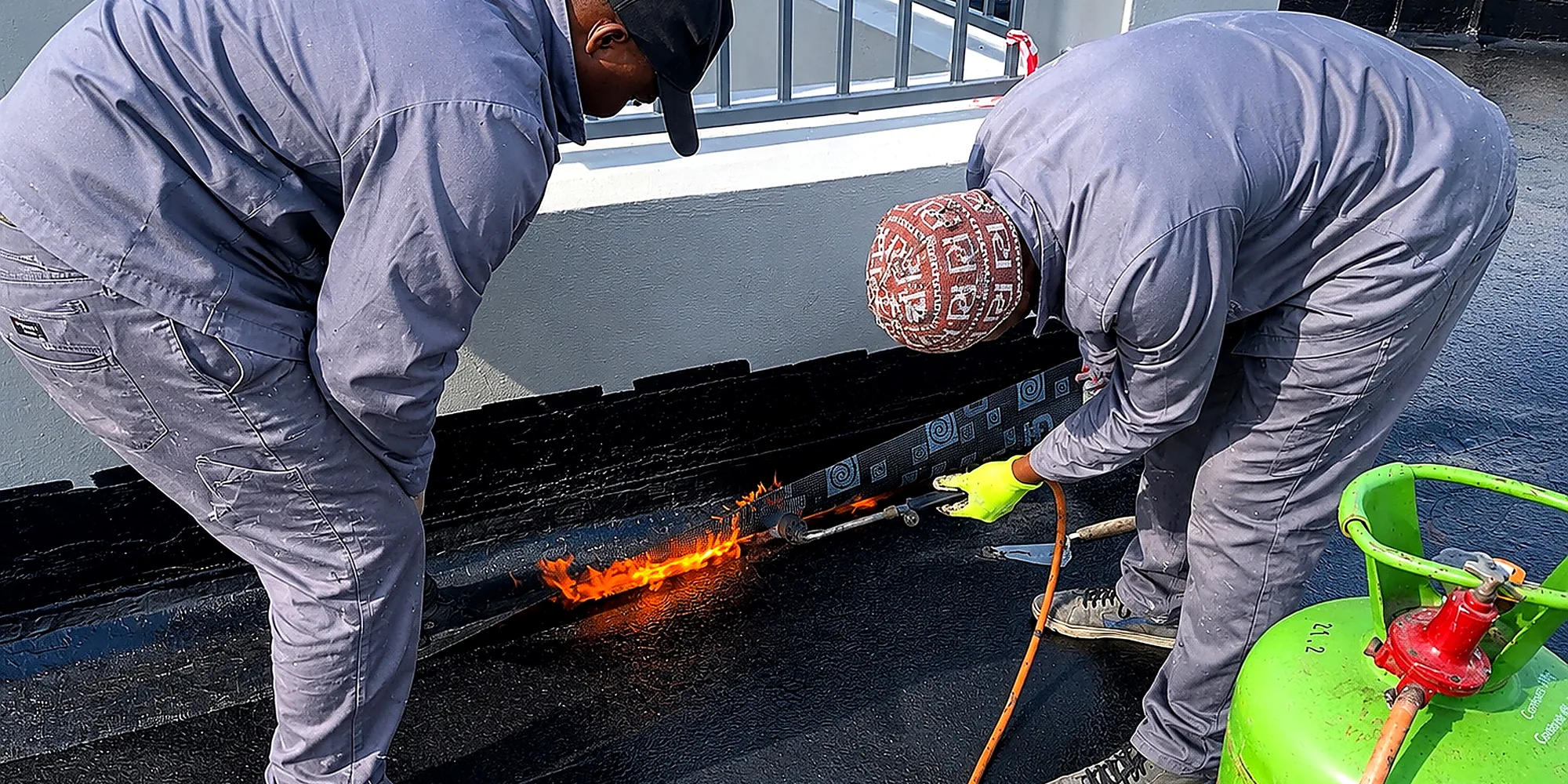 CBM team torching down a bitumen waterproofing membrane on a roof